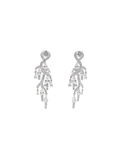 Pair of silver earrings with clear gemstones on a white background