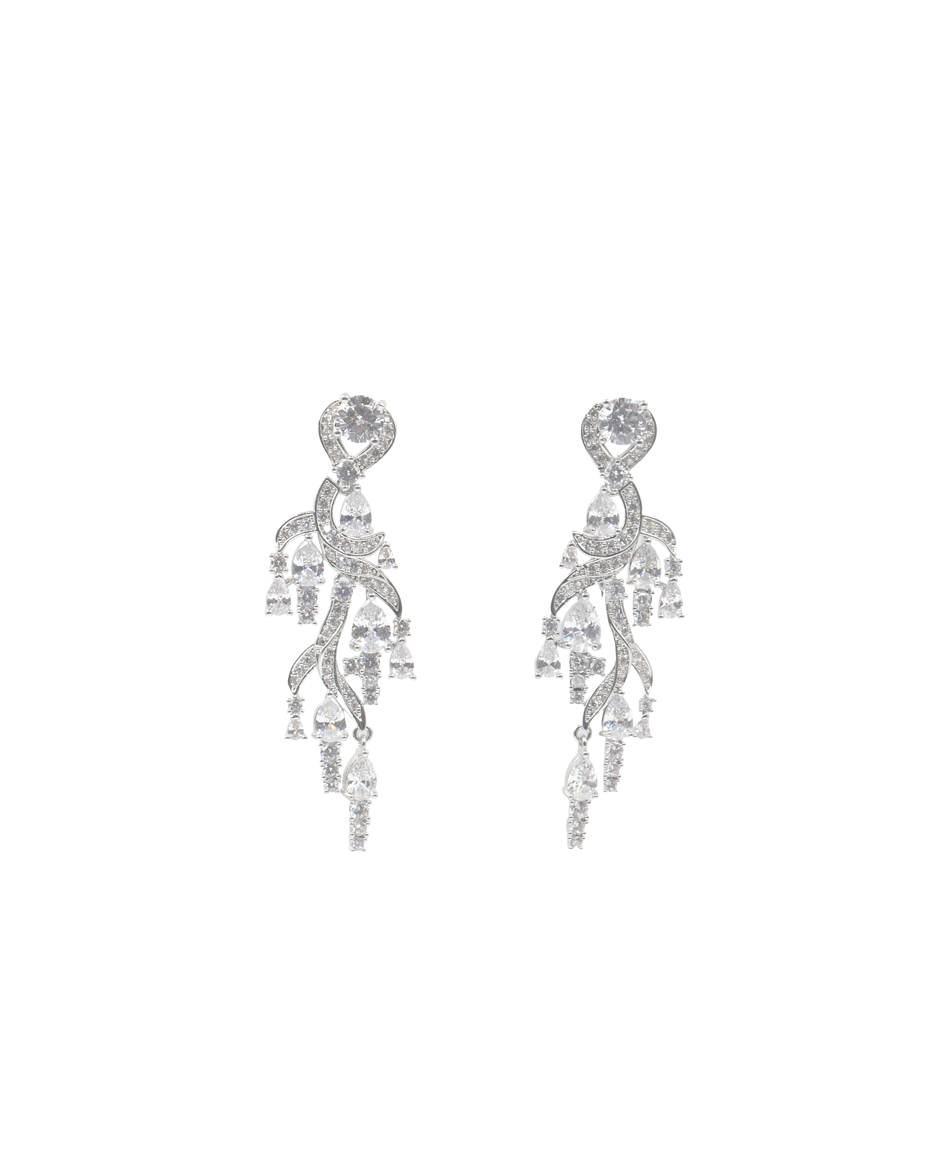 Pair of silver earrings with clear gemstones on a white background