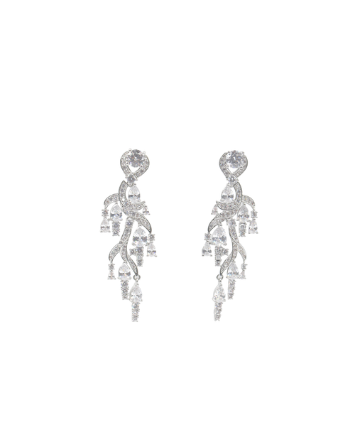 Pair of silver earrings with clear gemstones on a white background