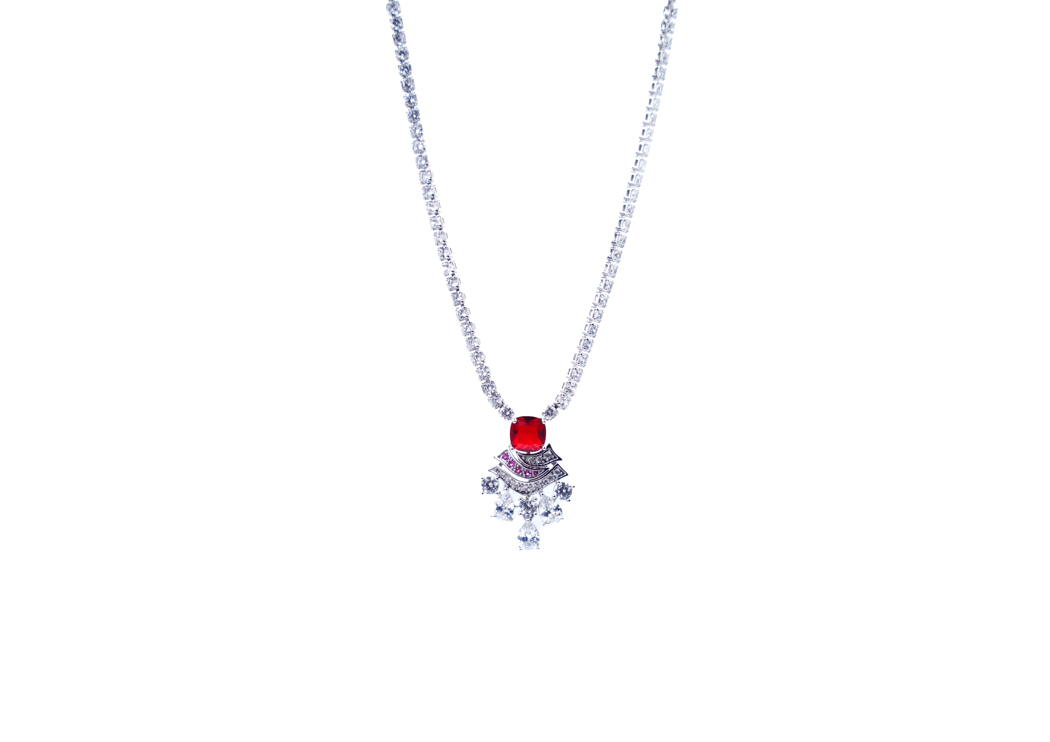 Necklace with a red gemstone pendant on a white background
