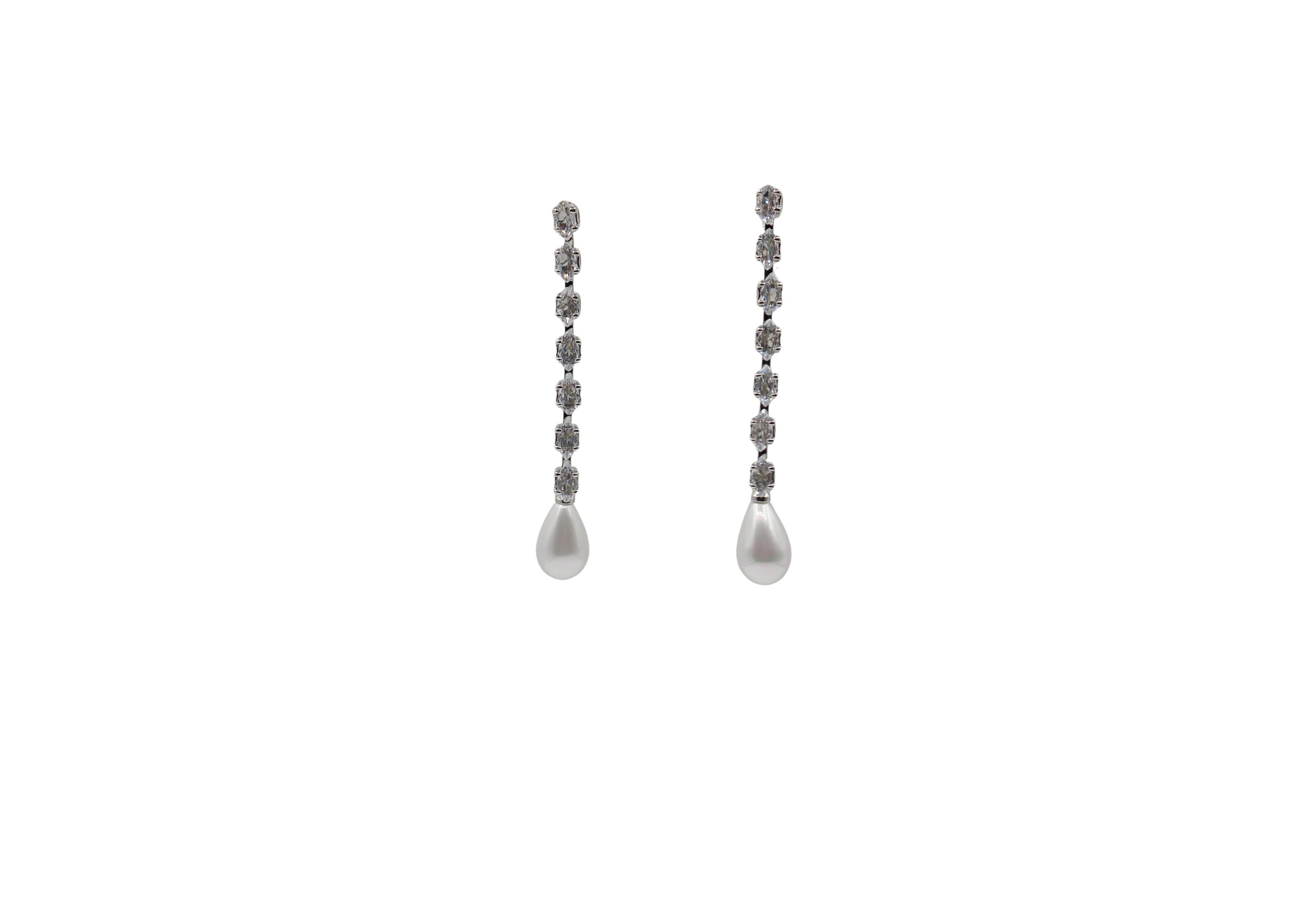 Pair of pearl drop earrings with beaded extensions on a white background