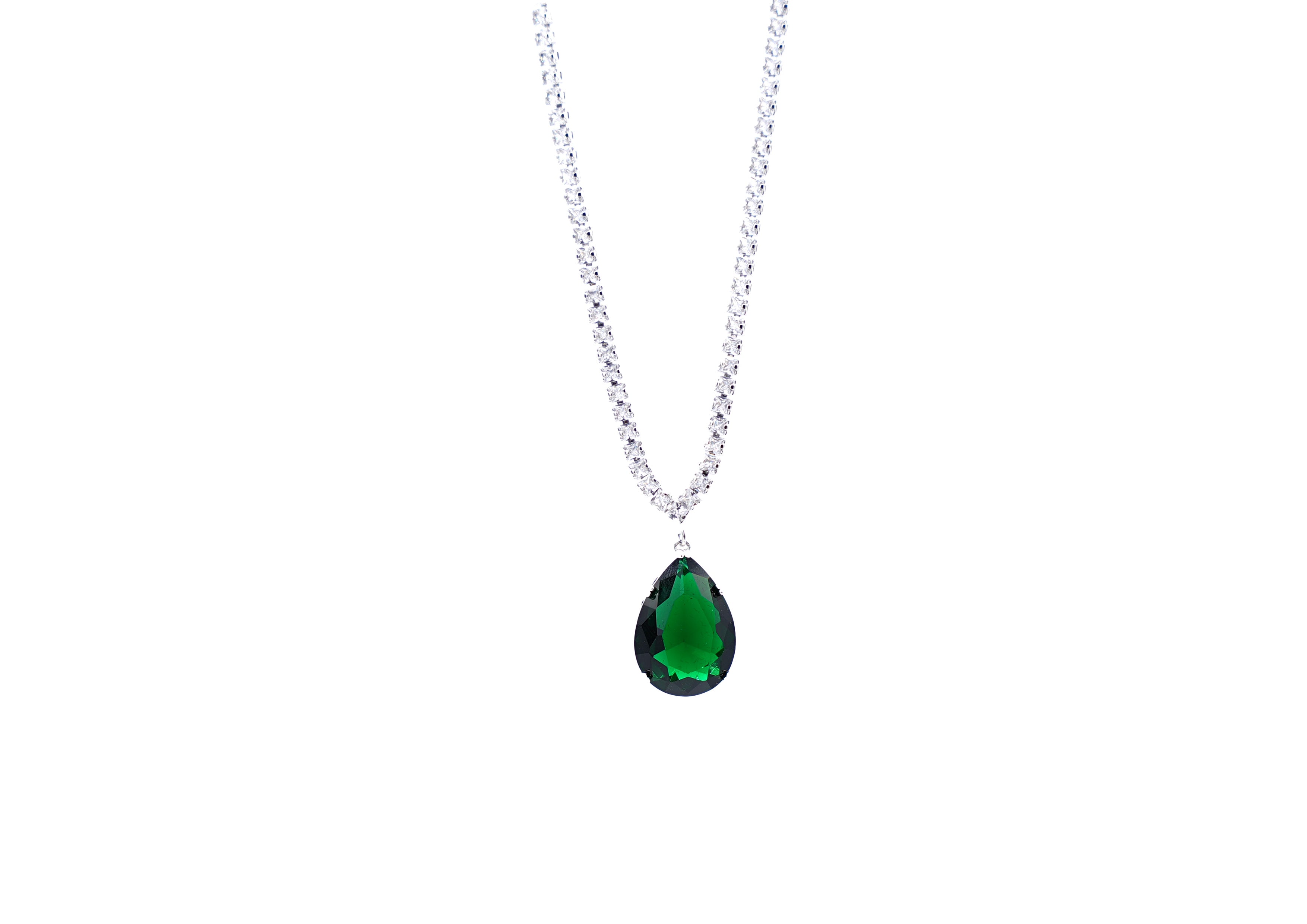 Necklace with a green teardrop pendant on a white background
