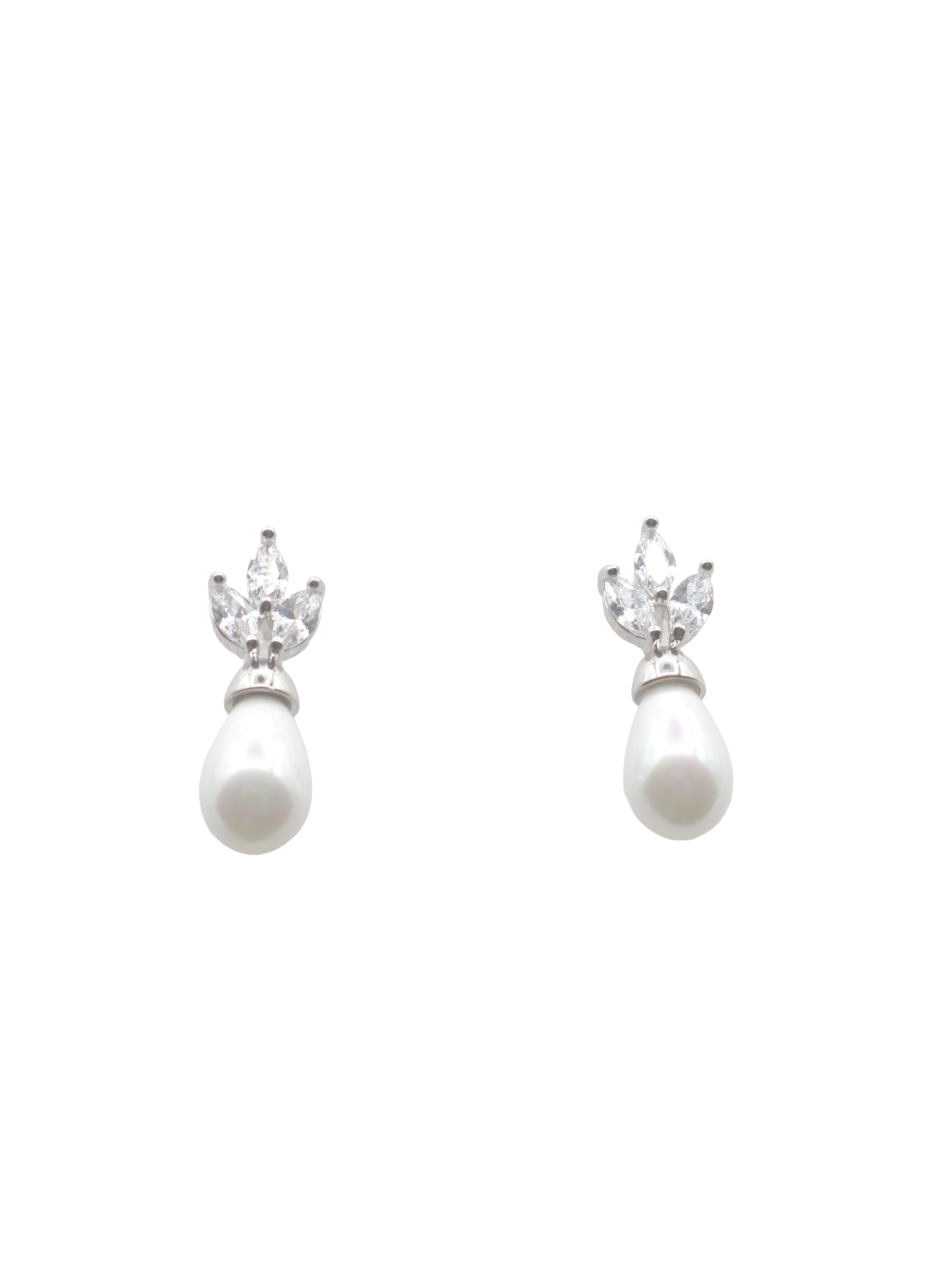 Pair of pearl earrings with crystal tops on a white background