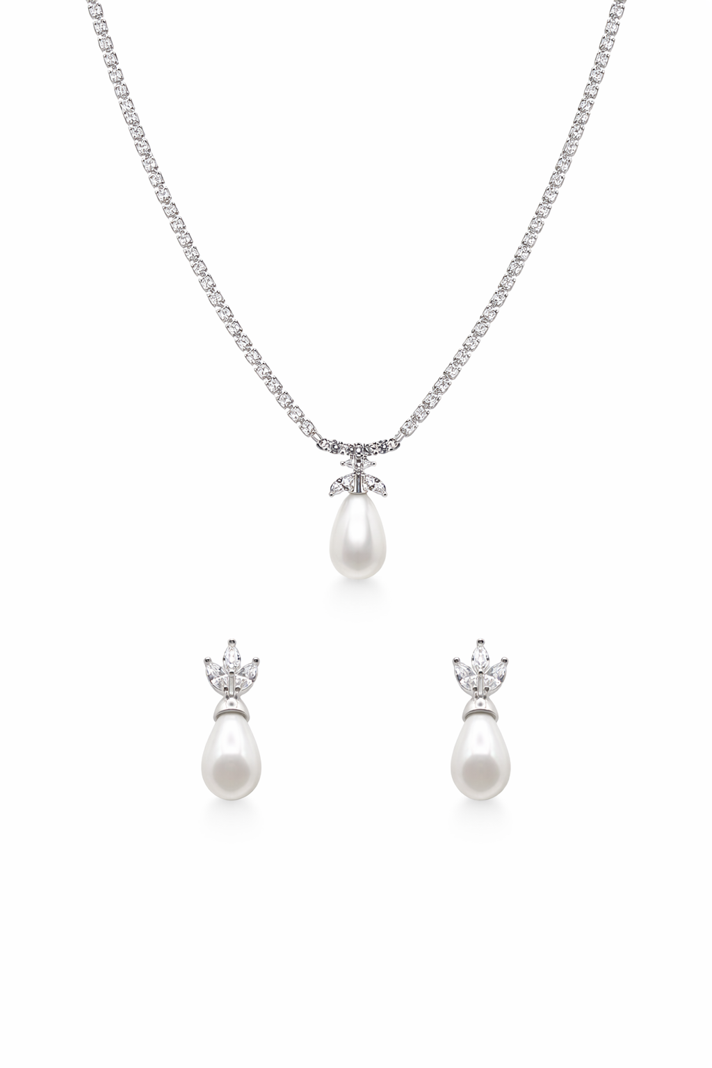 Pearl necklace and earrings set on a white background